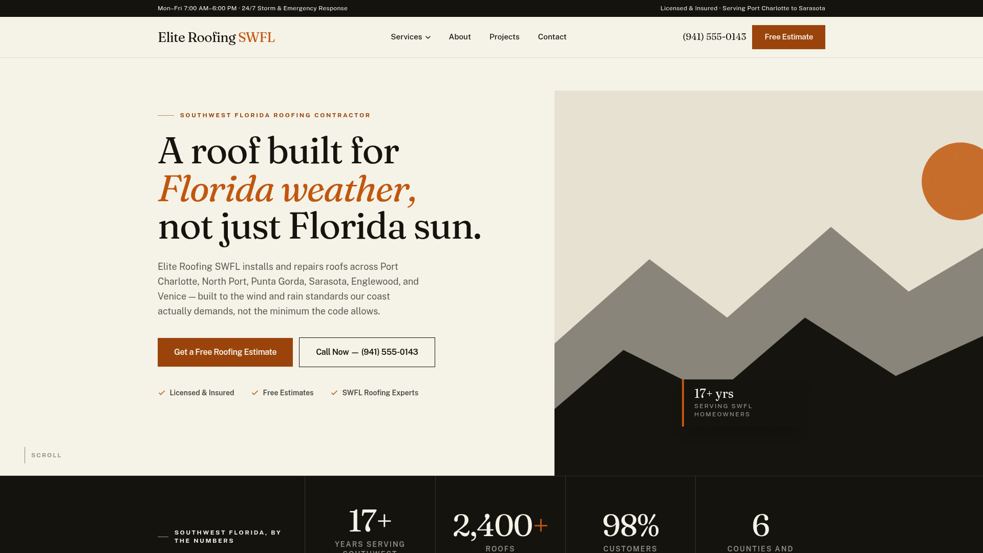 Elite Roofing SWFL concept demo homepage — premium roofing website design by Next Level Sites